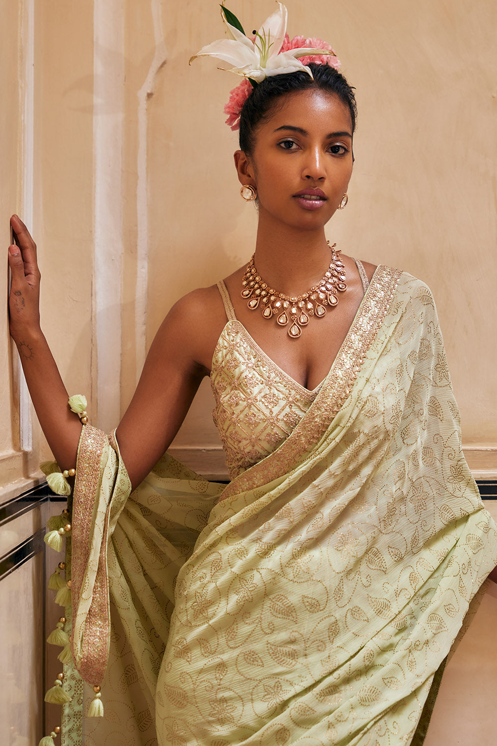 Mint Gold Print Saree With Embroidered Blouse