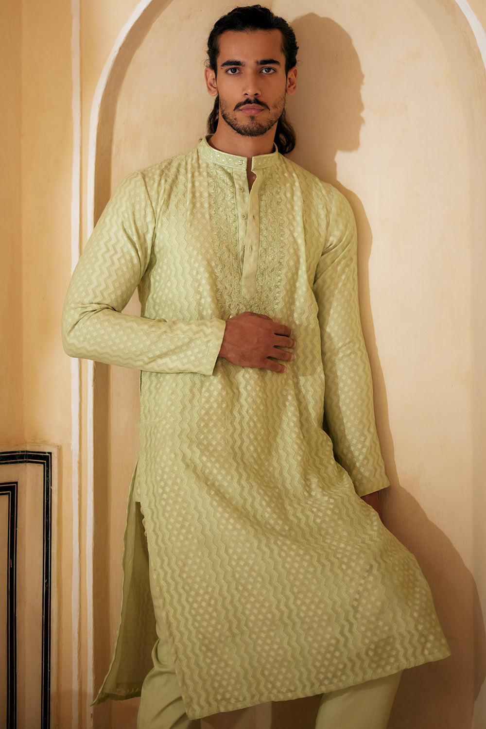 Mint Resham Work Kurta With Pants