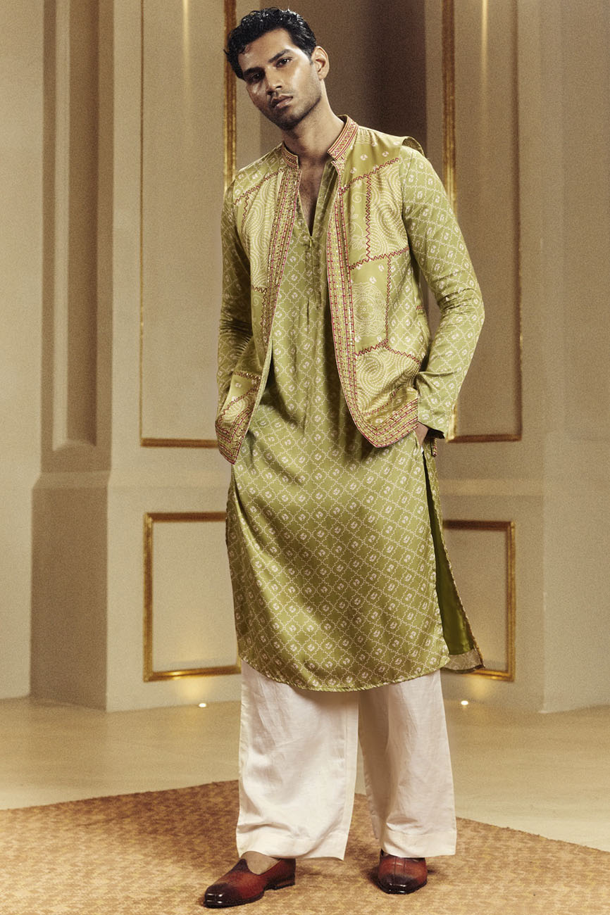 Dry Heena Green Kurta And Bundi Set