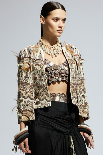 Ivory Abstract Feather Cape Jacket