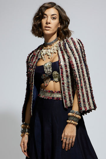 Blue Textured Embellished Noor Jacket