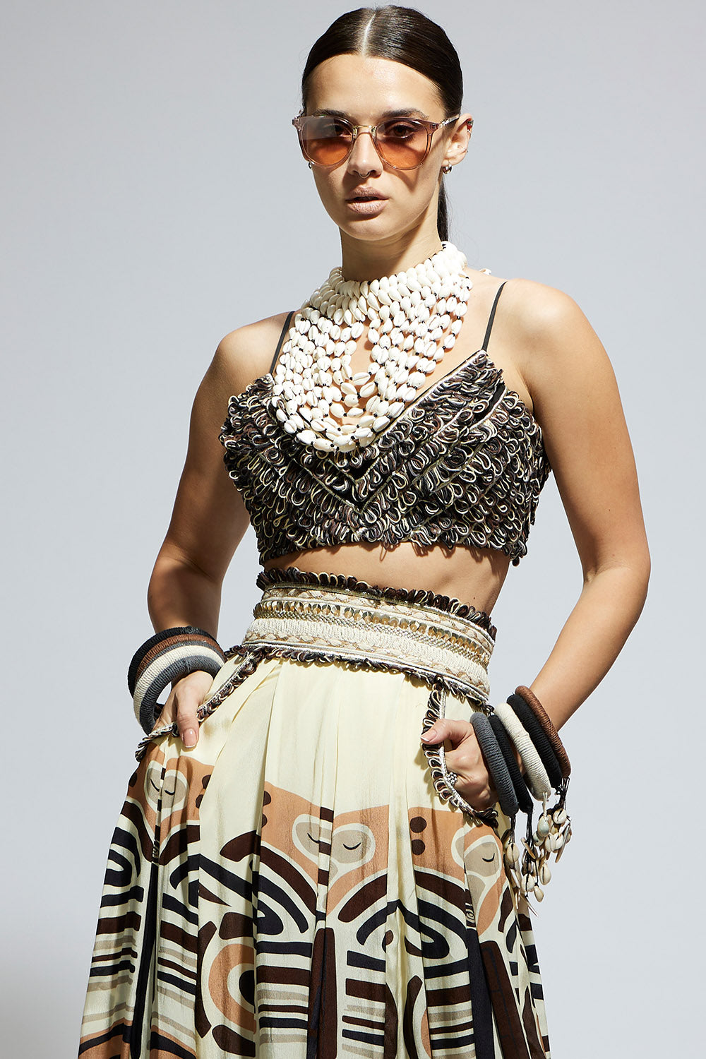 Ivory Mask Print Bustier & Skirt