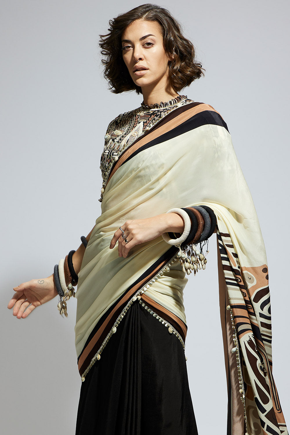 Color Block Mask Print Saree