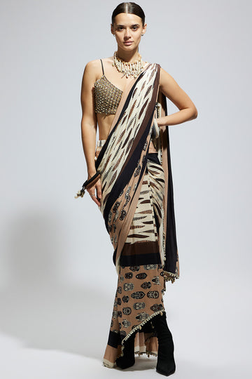 Mask and Feather Print Saree