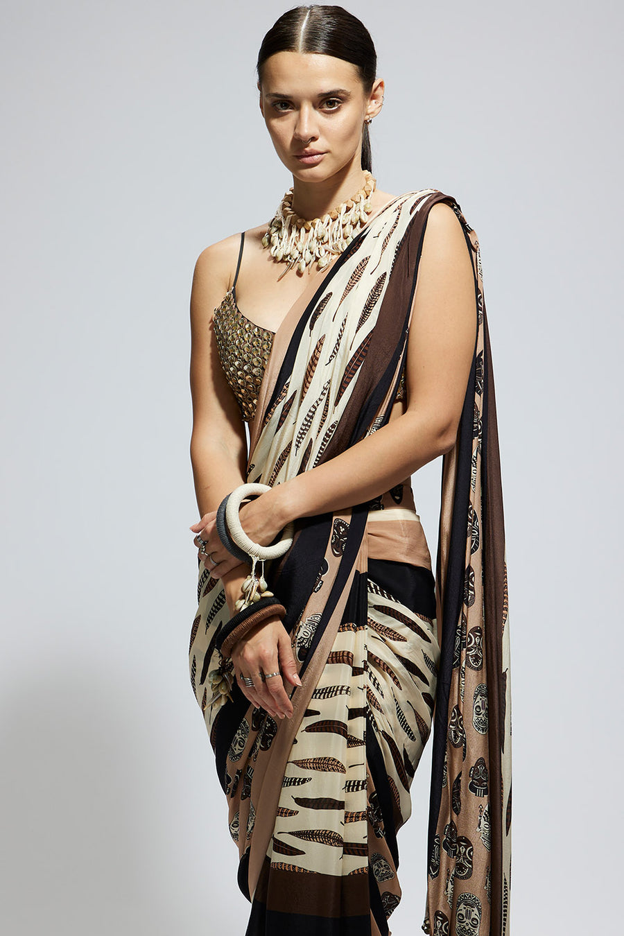 Mask and Feather Print Saree