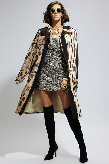 Mask and Feather Print Trench Coat