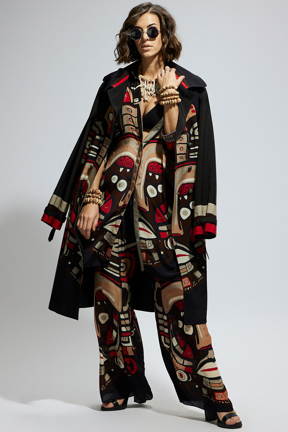 Black Mask Print Trench Coat