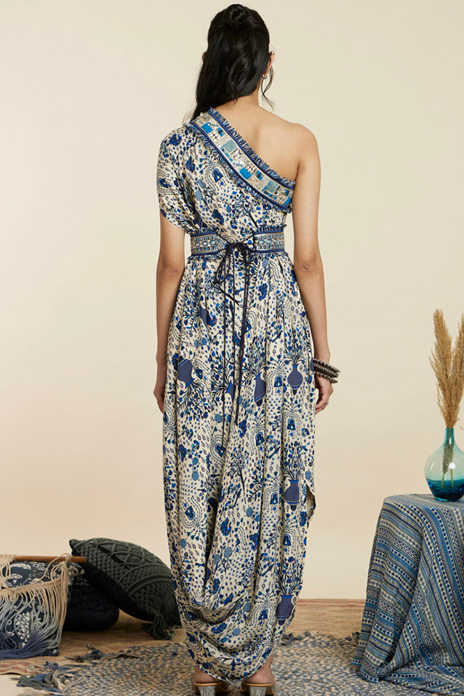 Blue Safar Jaal Print One Shoulder Dress