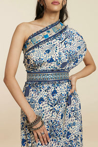 Blue Safar Jaal Print One Shoulder Dress