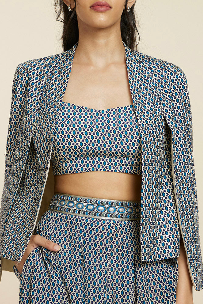 Blue Geo Print Noor Jacket Set