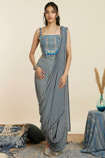 Embellished Blue Geo Saree Set
