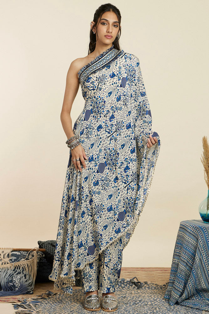 Safar Blue Jaal Print One Shoulder Saree Set