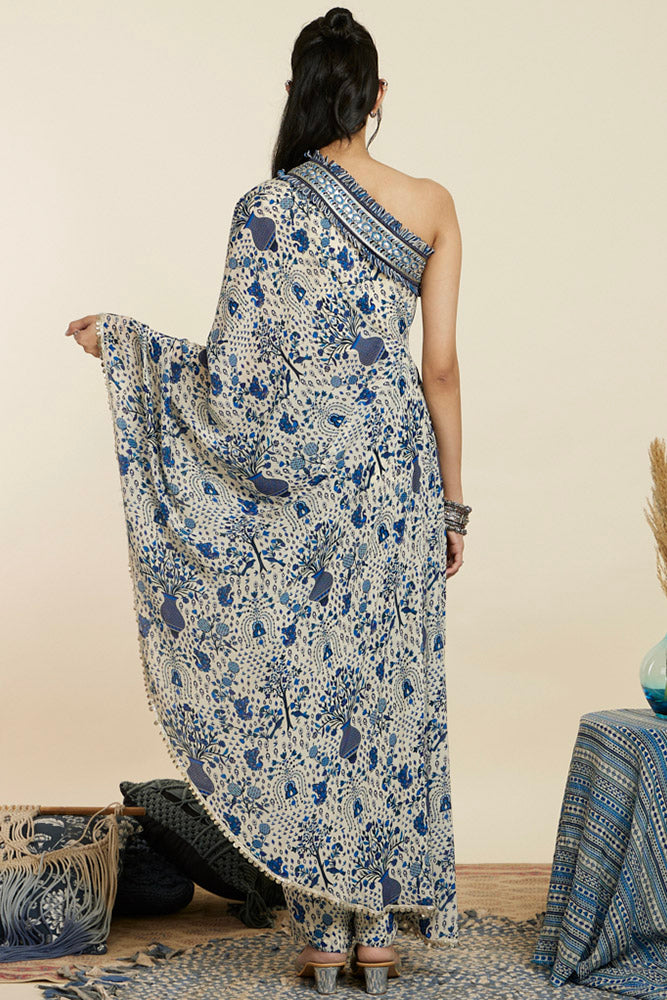 Safar Blue Jaal Print One Shoulder Saree Set