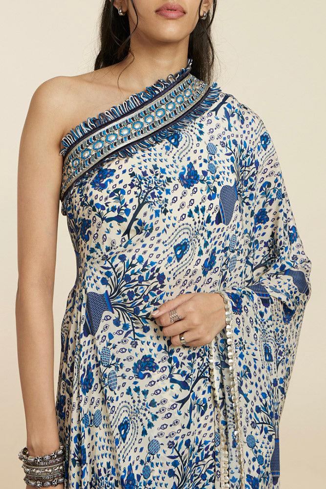 Safar Blue Jaal Print One Shoulder Saree Set