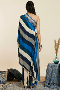 Blue Stripe One Shoulder Saree Set