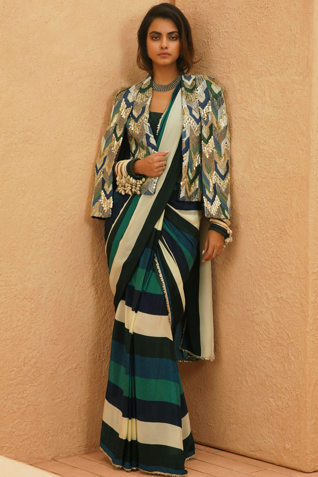 Suhana Stripe Saree & Cape Set