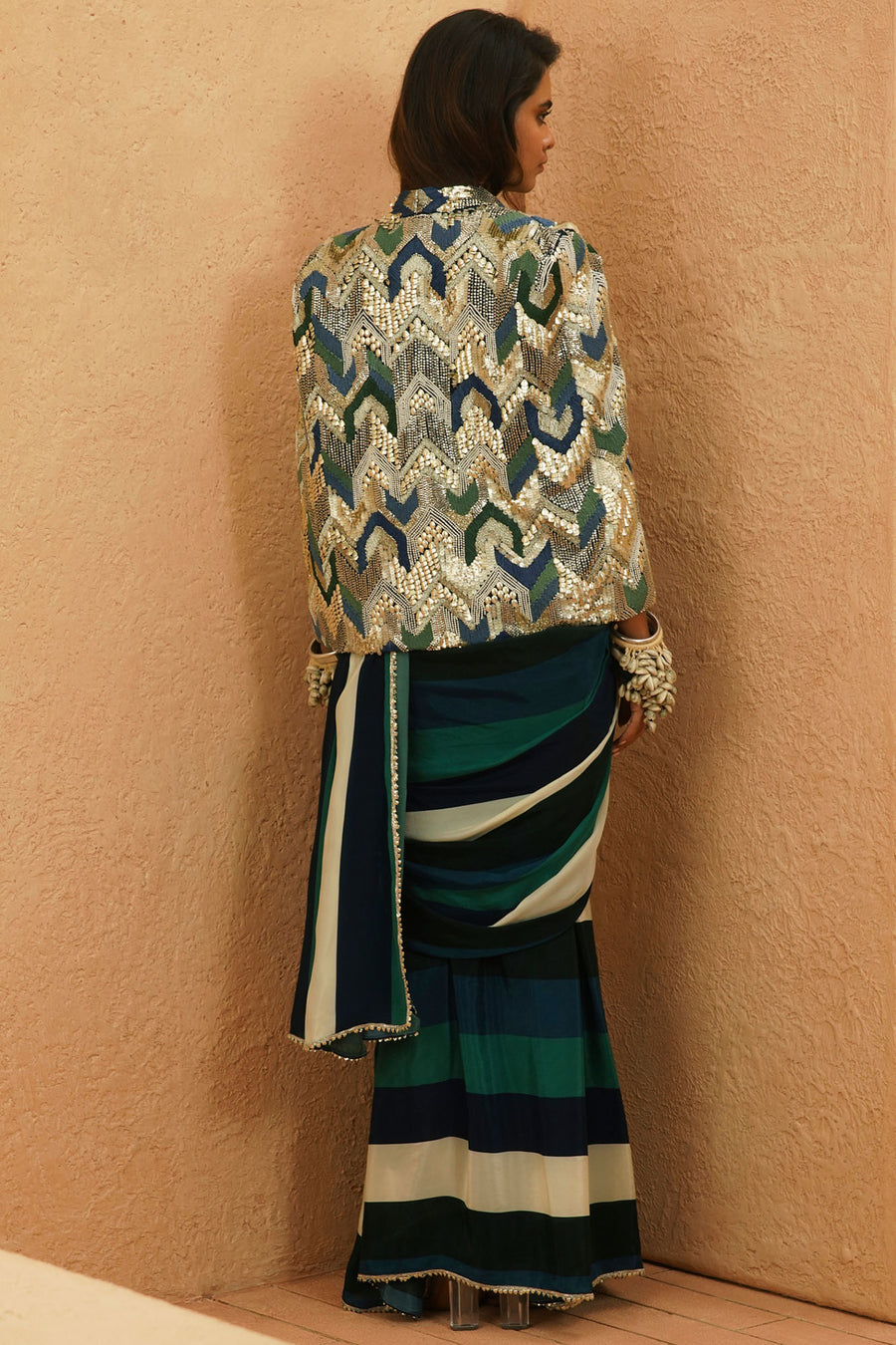 Suhana Stripe Saree & Cape Set