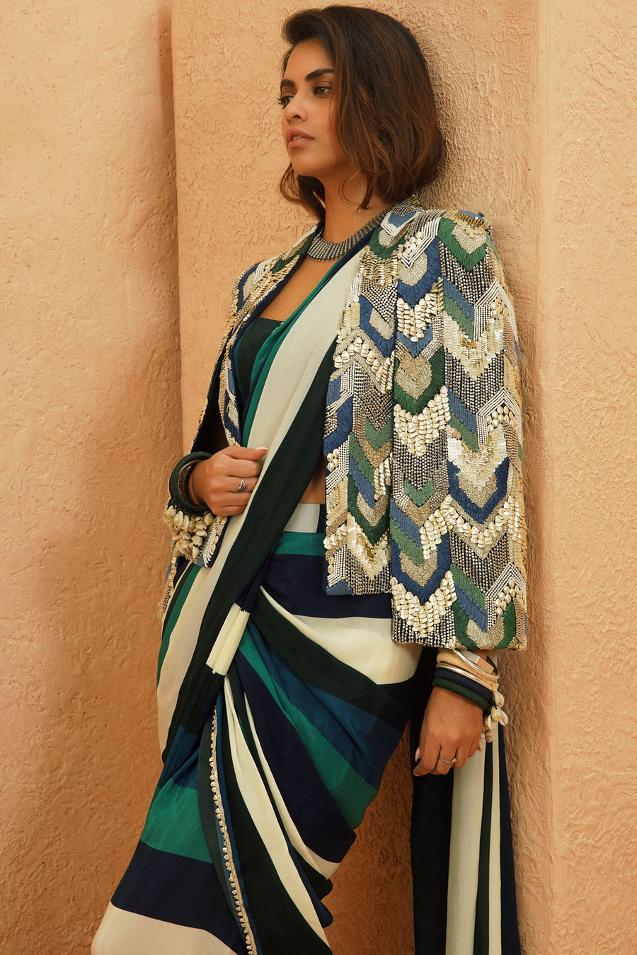 Suhana Stripe Saree & Cape Set