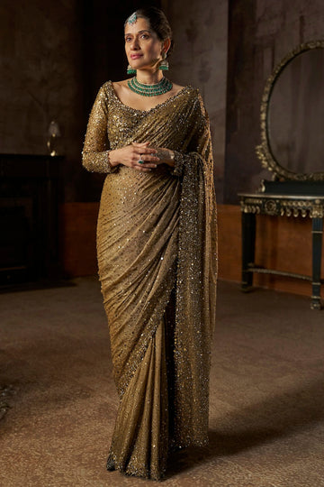 Antique Gold Georgette Sequin Saree