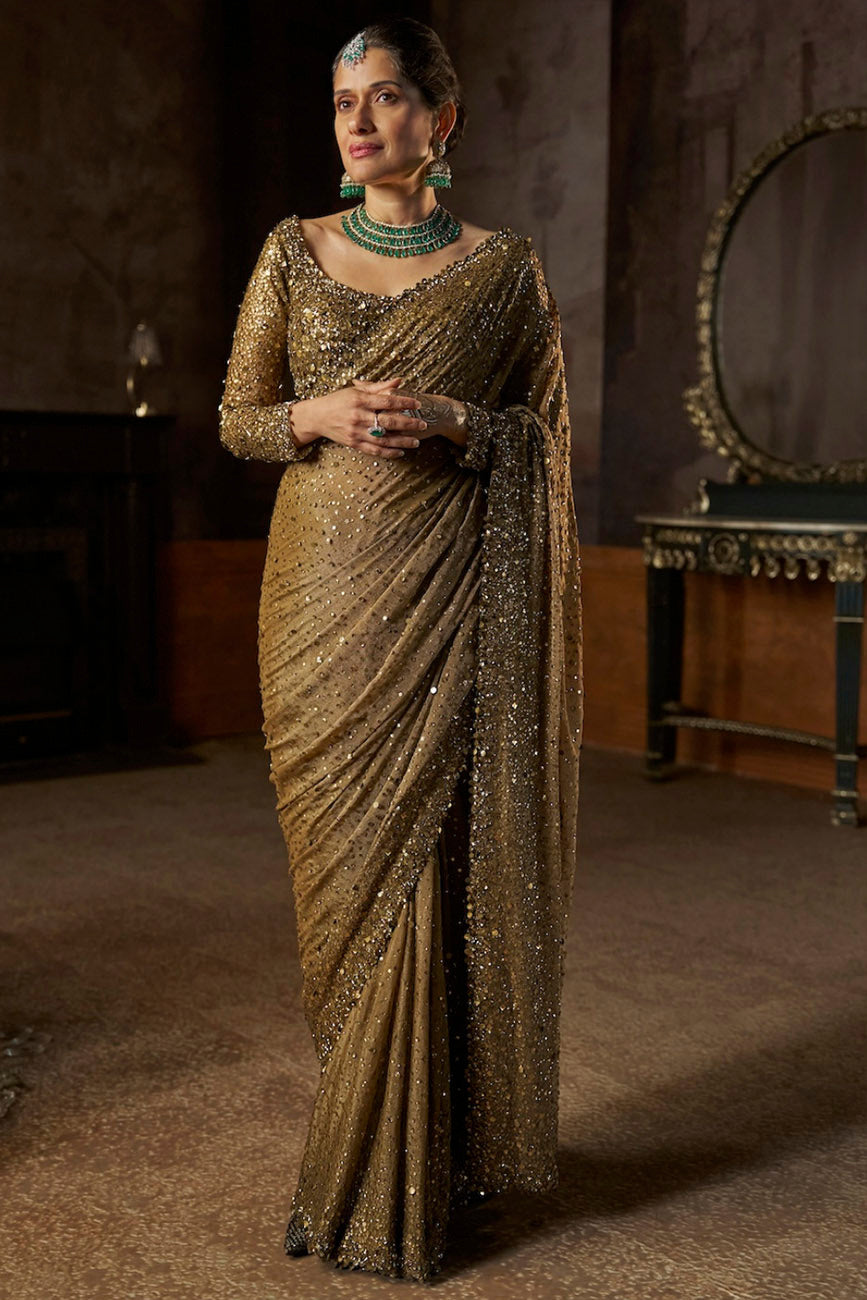 Antique Gold Georgette Sequin Saree
