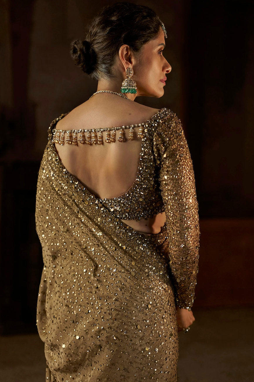 Antique Gold Georgette Sequin Saree