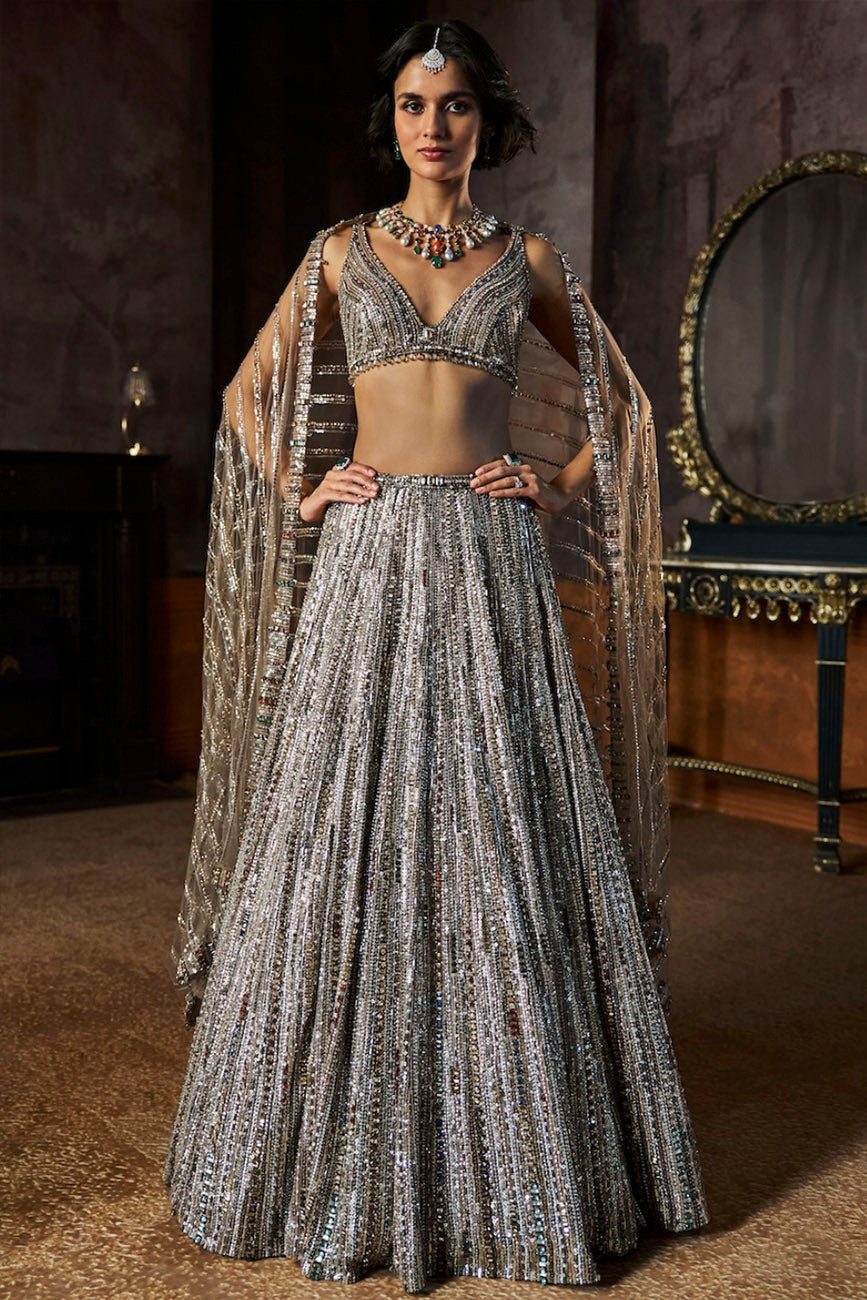 Charcoal Multi-Coloured Crystal Lehenga Set