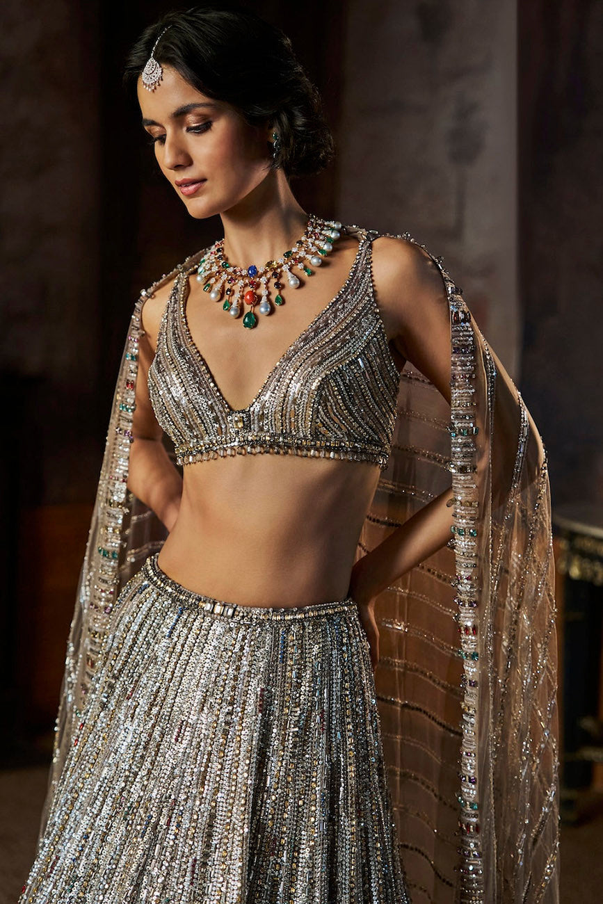 Charcoal Multi-Coloured Crystal Lehenga Set