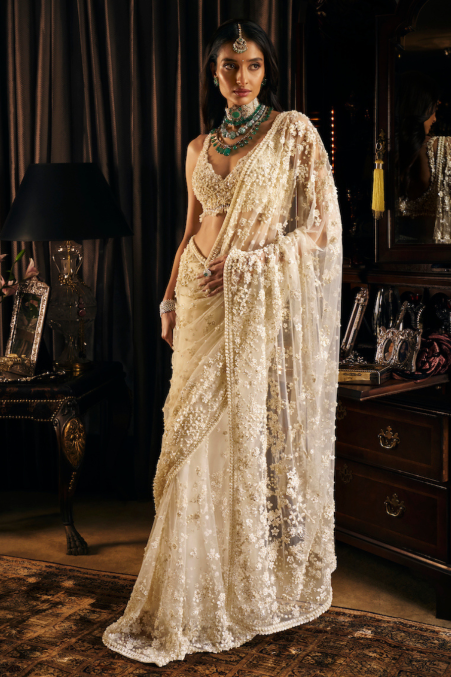 Ivory Three Dimensional Saree (with Veil)