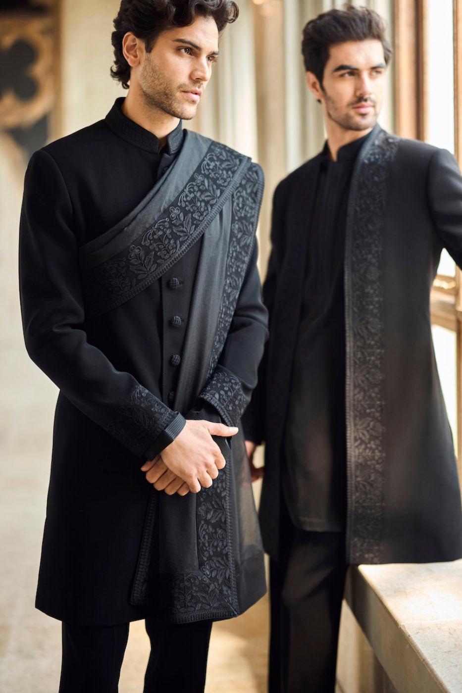 Black Thread Work Open Jacket Set