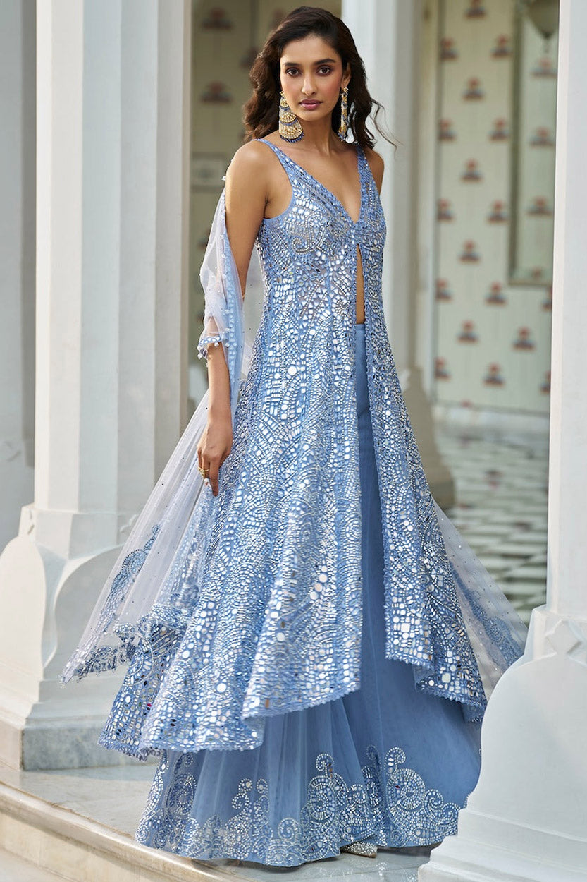 Blue Mirror Work Jacket Sharara Set