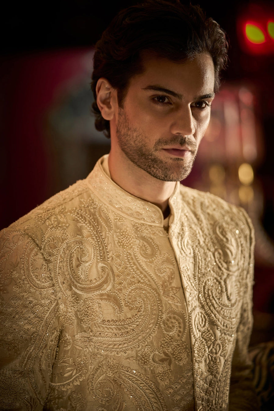 Cream Abstract Sherwani Set