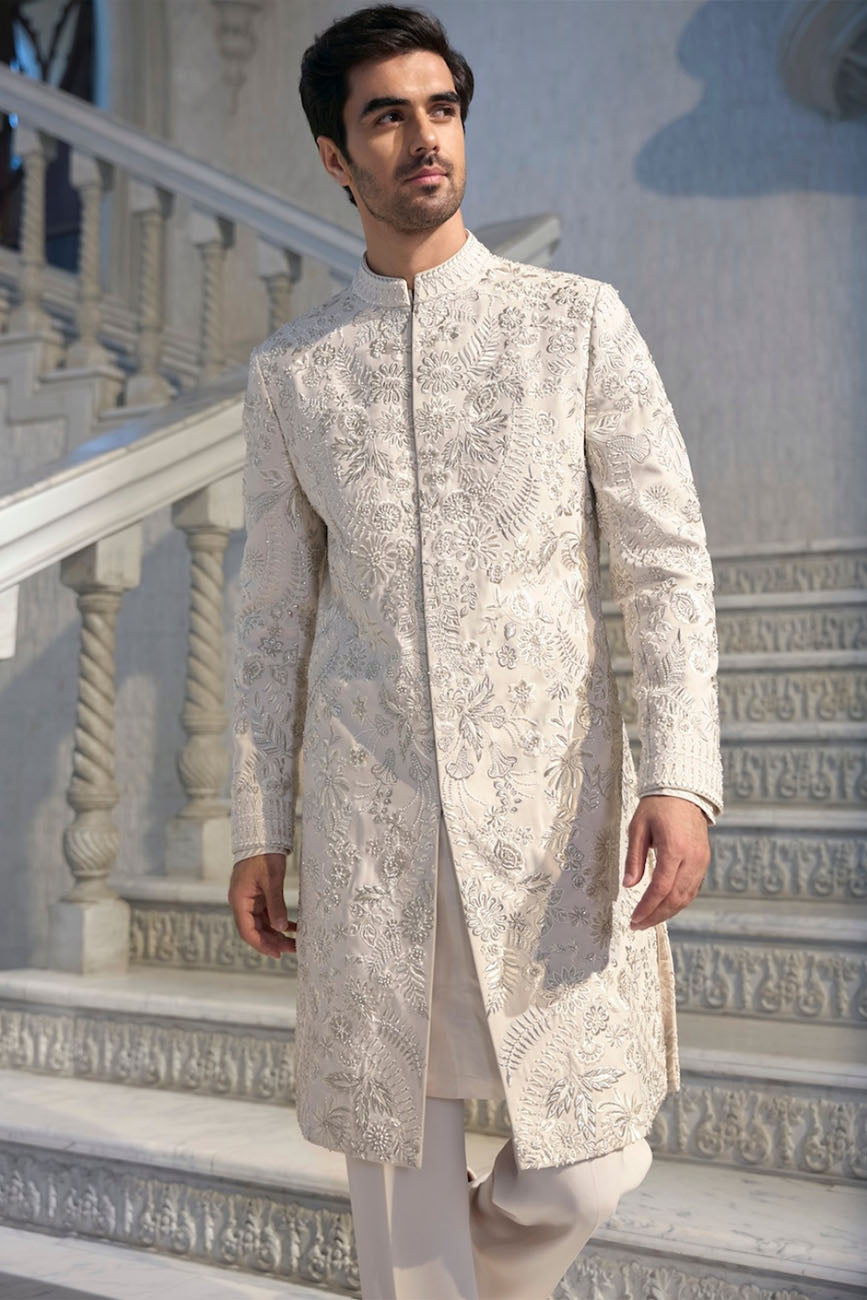 Cream Thread Work Sherwani Set