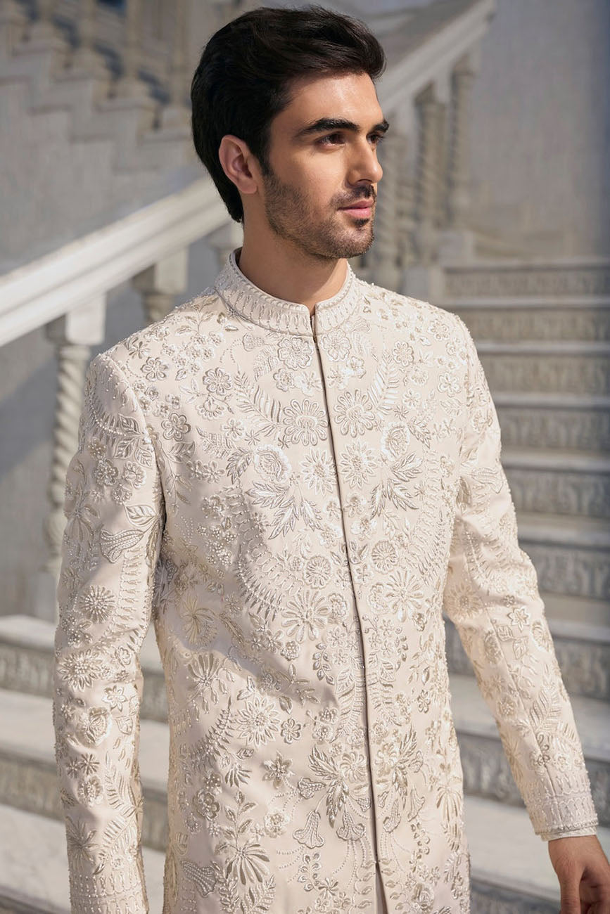Cream Thread Work Sherwani Set