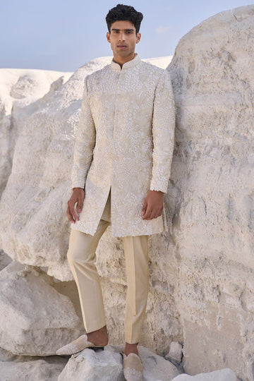 Cream Three Dimensional Floral Sherwani Set