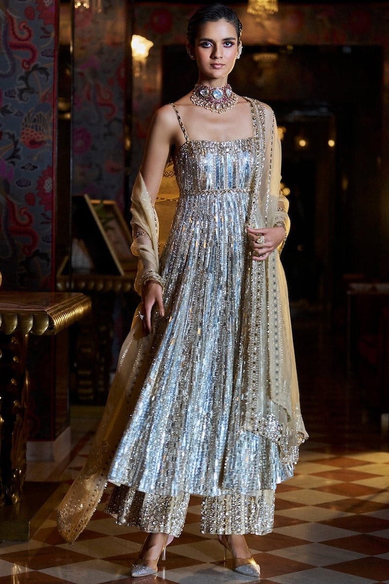 Gold Silver Crystal Sharara Set