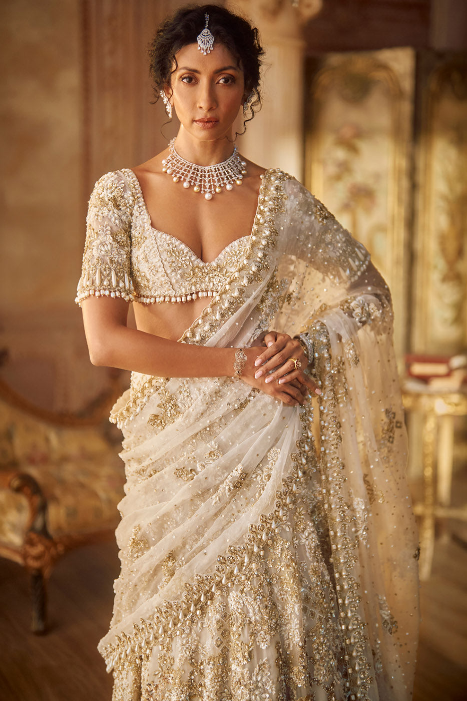 Ivory Gold Lehenga Saree Set