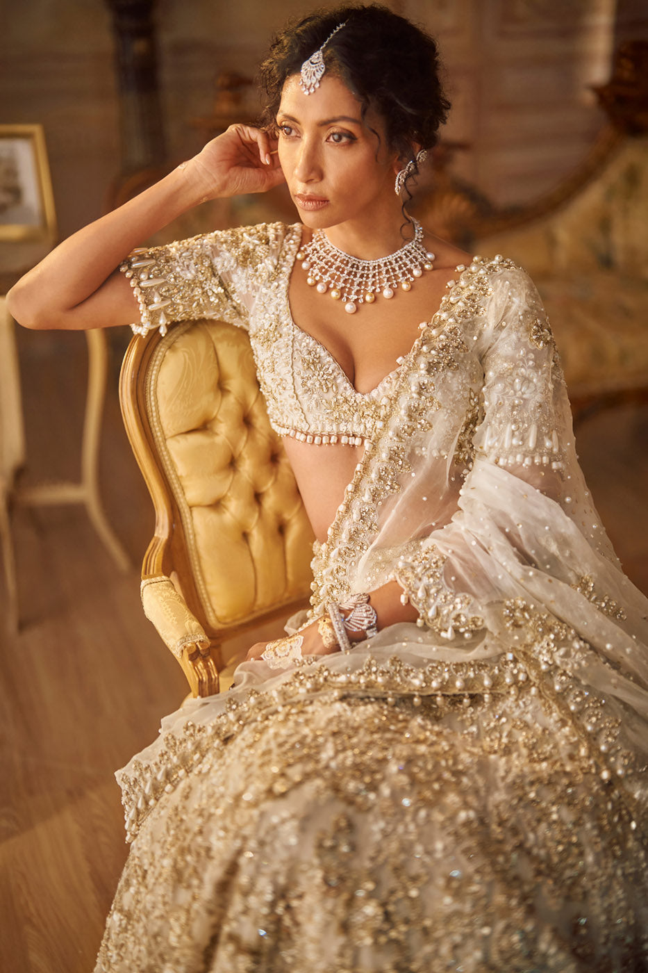 Ivory Gold Lehenga Saree Set