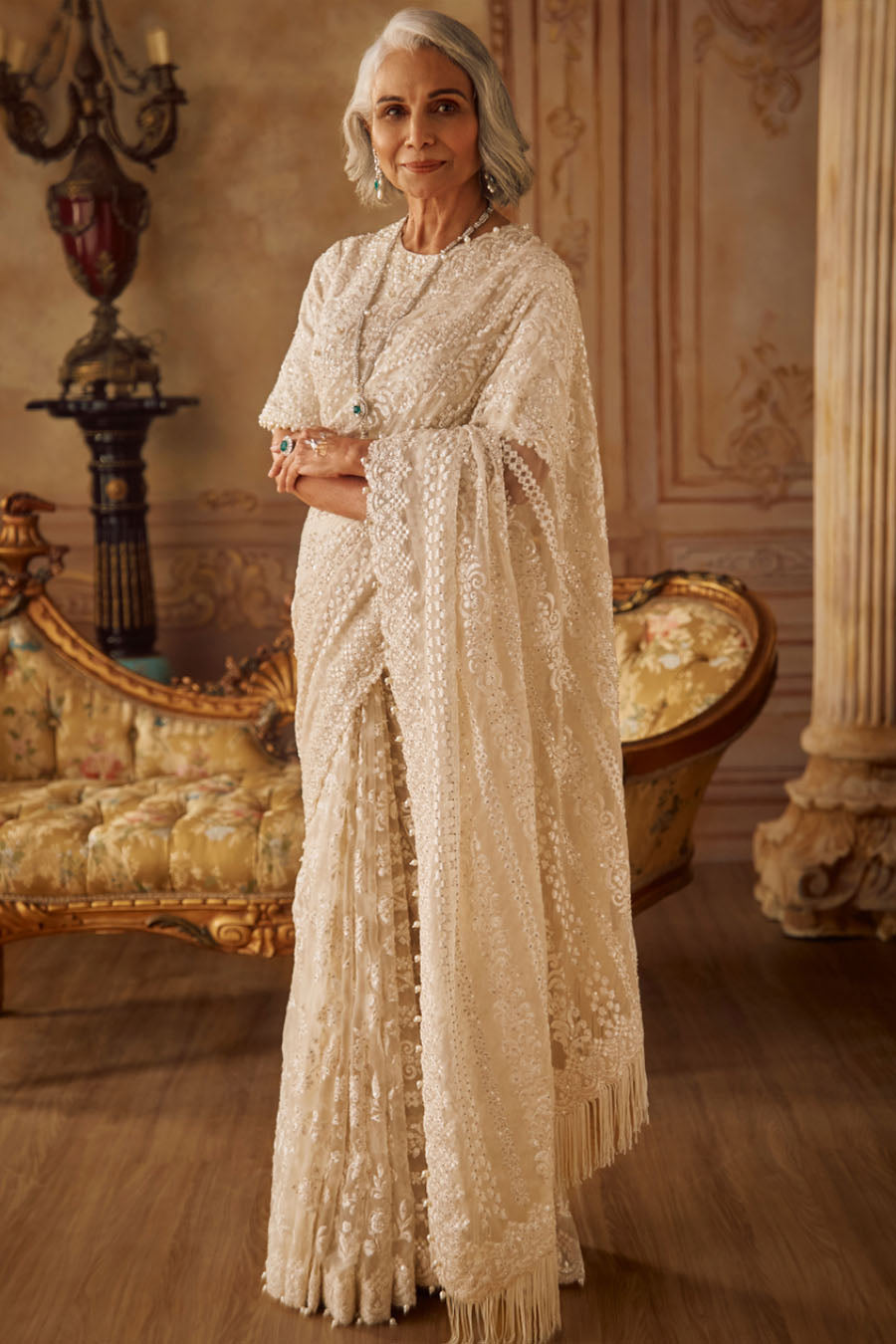 Ivory Organza Stripe Saree