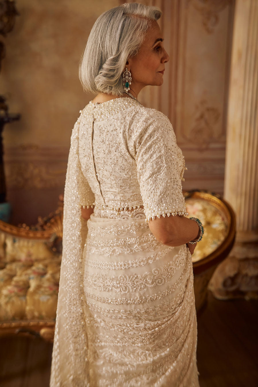 Ivory Organza Stripe Saree