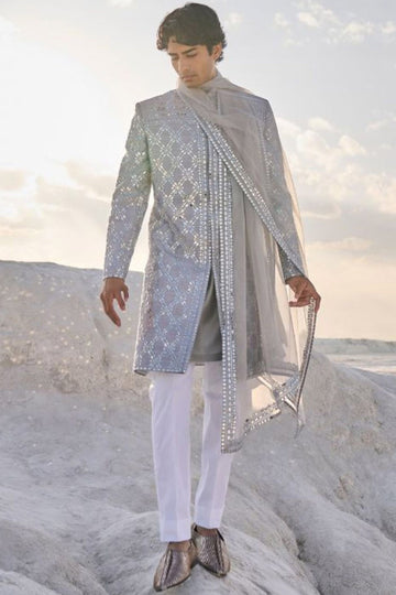 Metallic Grey Mirror Work Sherwani Set