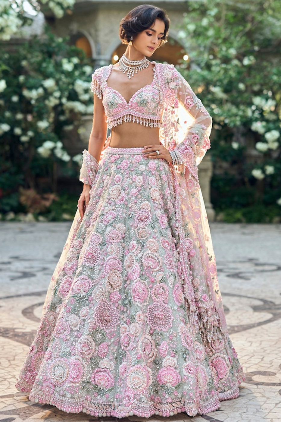Mint Green Multi-Coloured Floral Lehenga Set