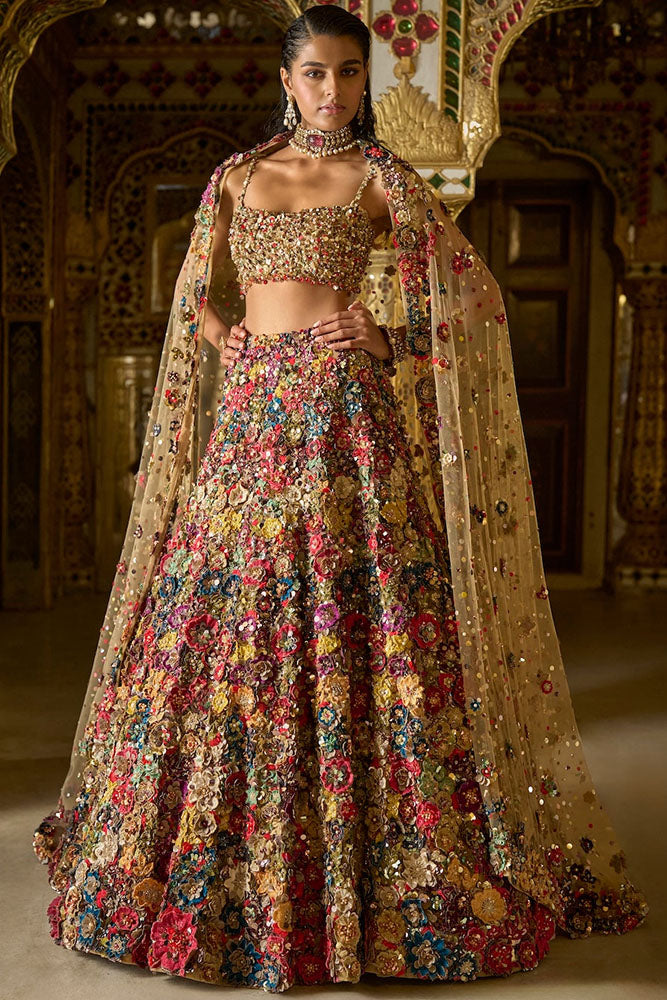 Multi-Coloured 3D Floral Lehenga Set