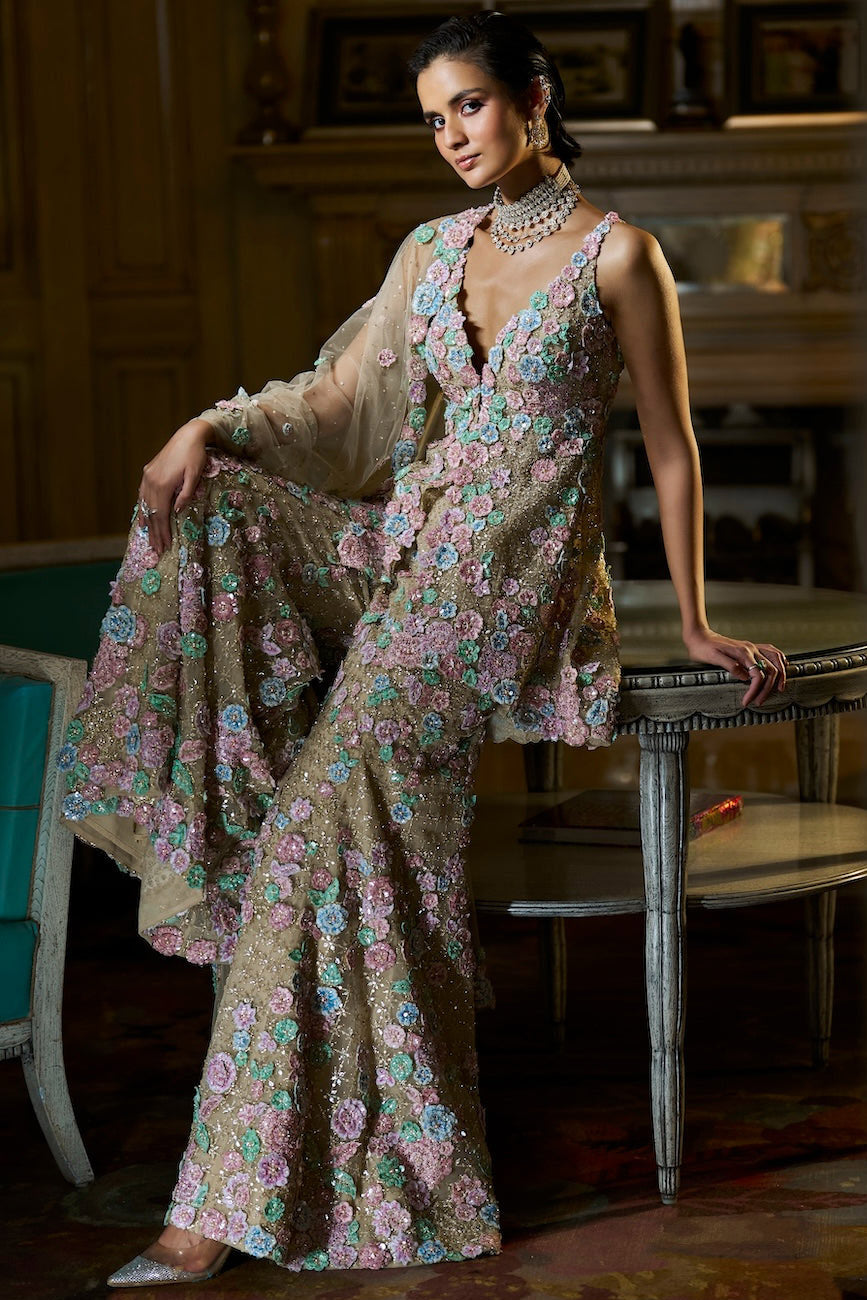 Multi-Coloured 3D Sharara Set