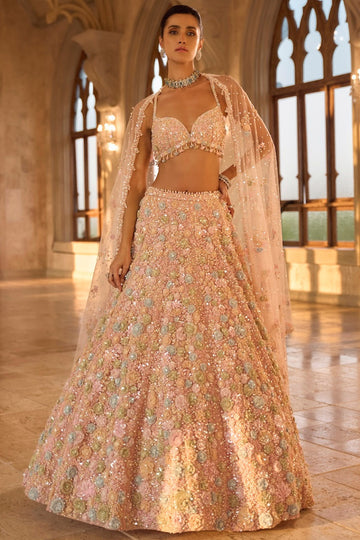 Multi-Coloured Three-Dimensional Floral Lehenga