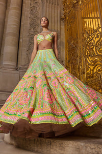 Neon green lehenga with mirrors and colorful sequins work – Ricco