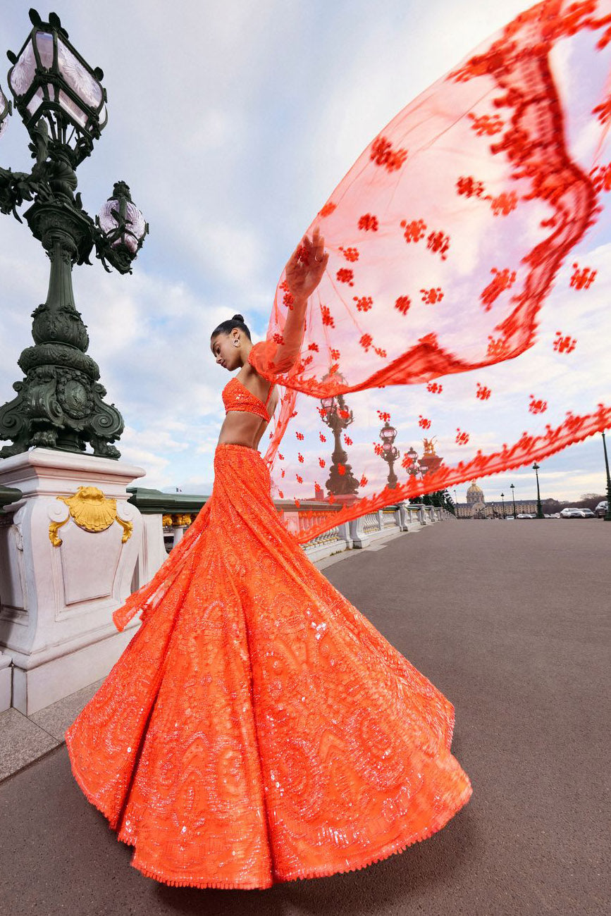 Neon Orange Sequin Lehenga Set