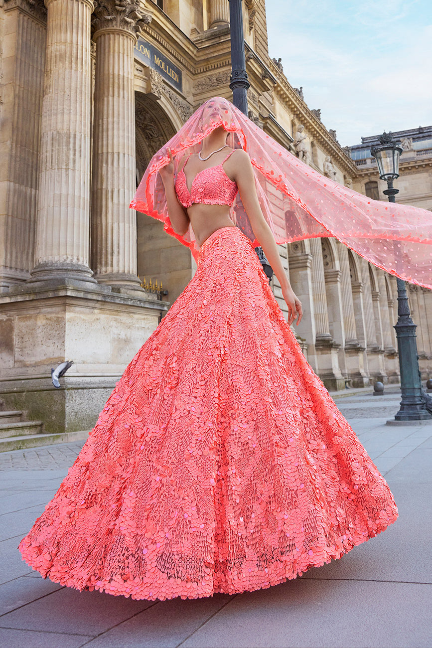 Neon Peach Sequin Lehenga Set