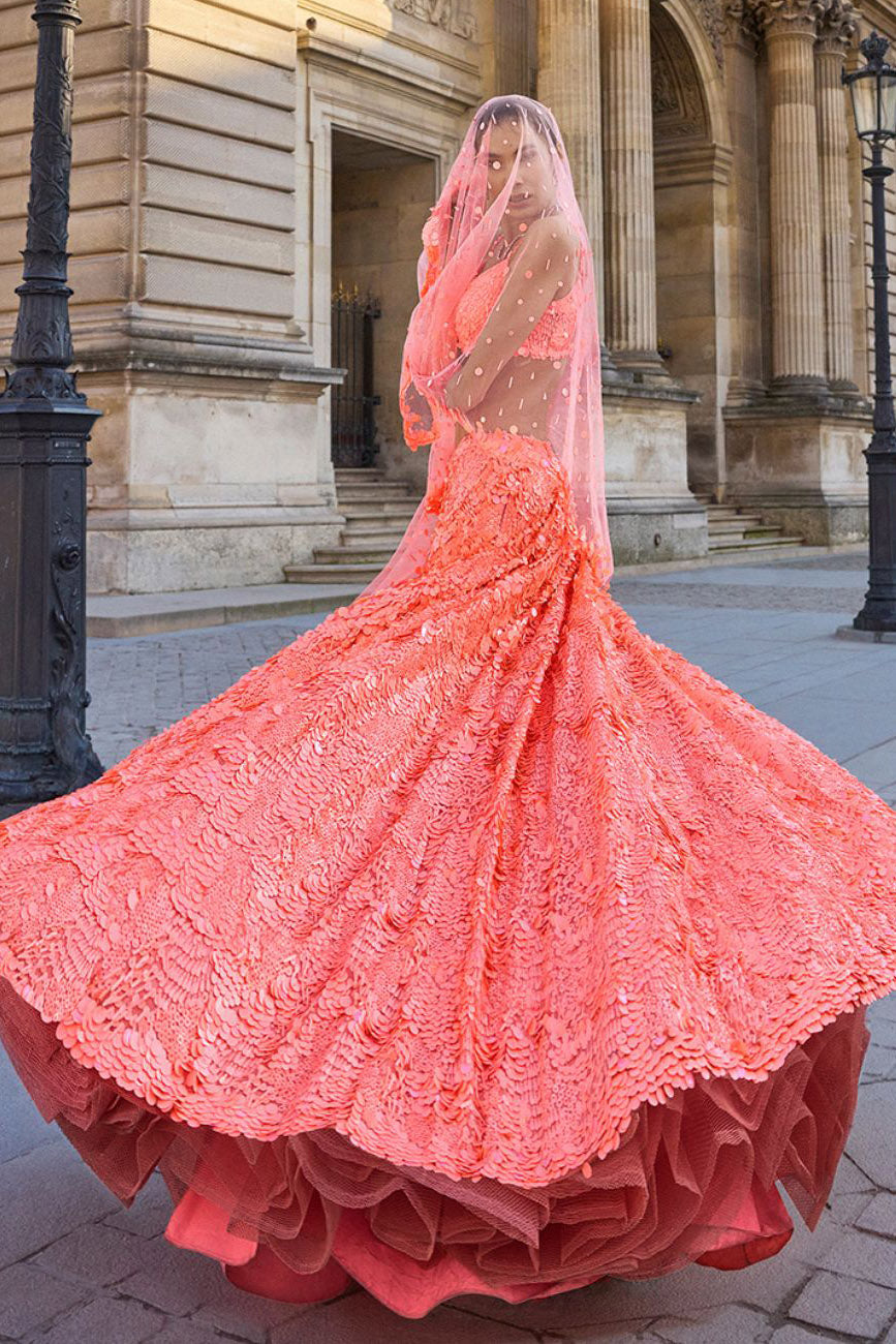 Neon Peach Sequin Lehenga Set