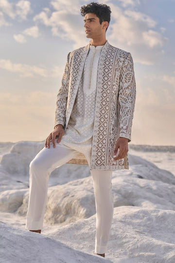 Nude Cream Open Sherwani Set