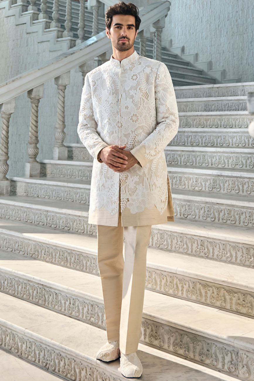 Nude Cut Work Sherwani Set